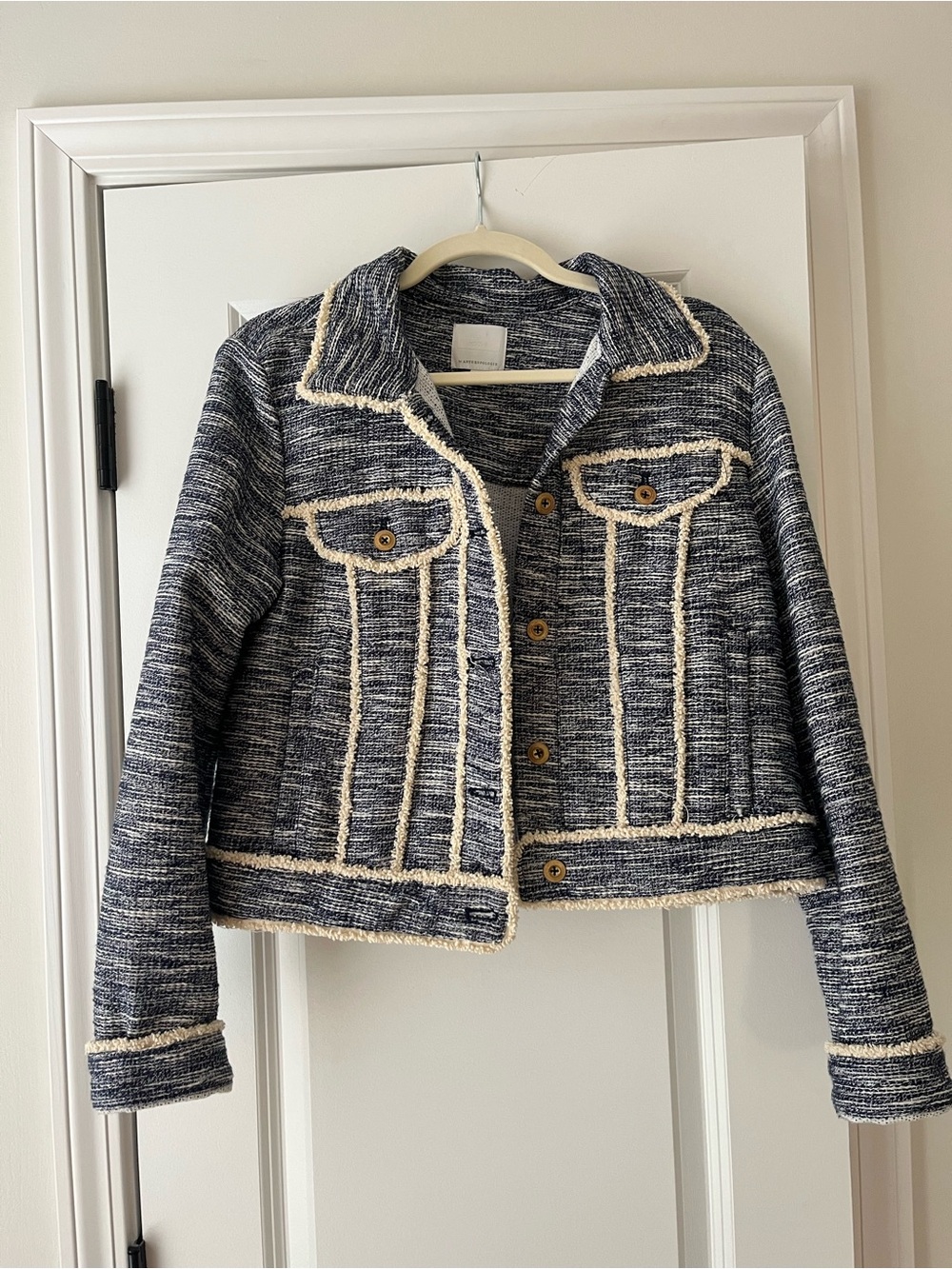 Anthropologie Navy Bouclé Jacket with Cream Fringe Trim